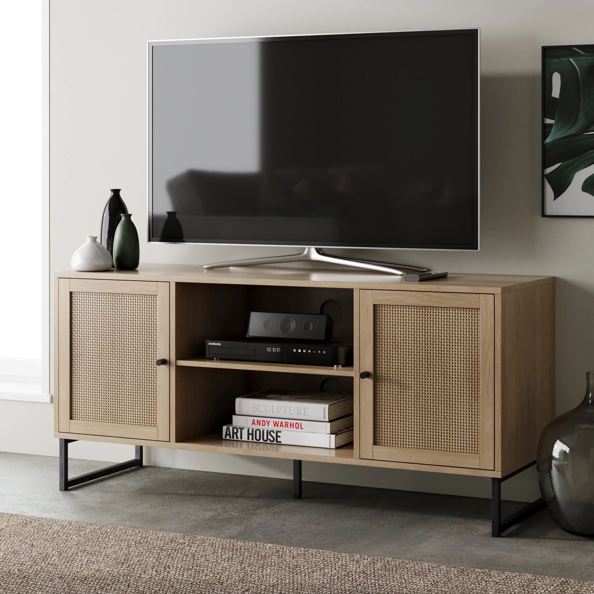 Nathan James Mina Modern TV Stand Entertainment Cabinet Media Console Oak Wood and Black Accents ... | Walmart (US)
