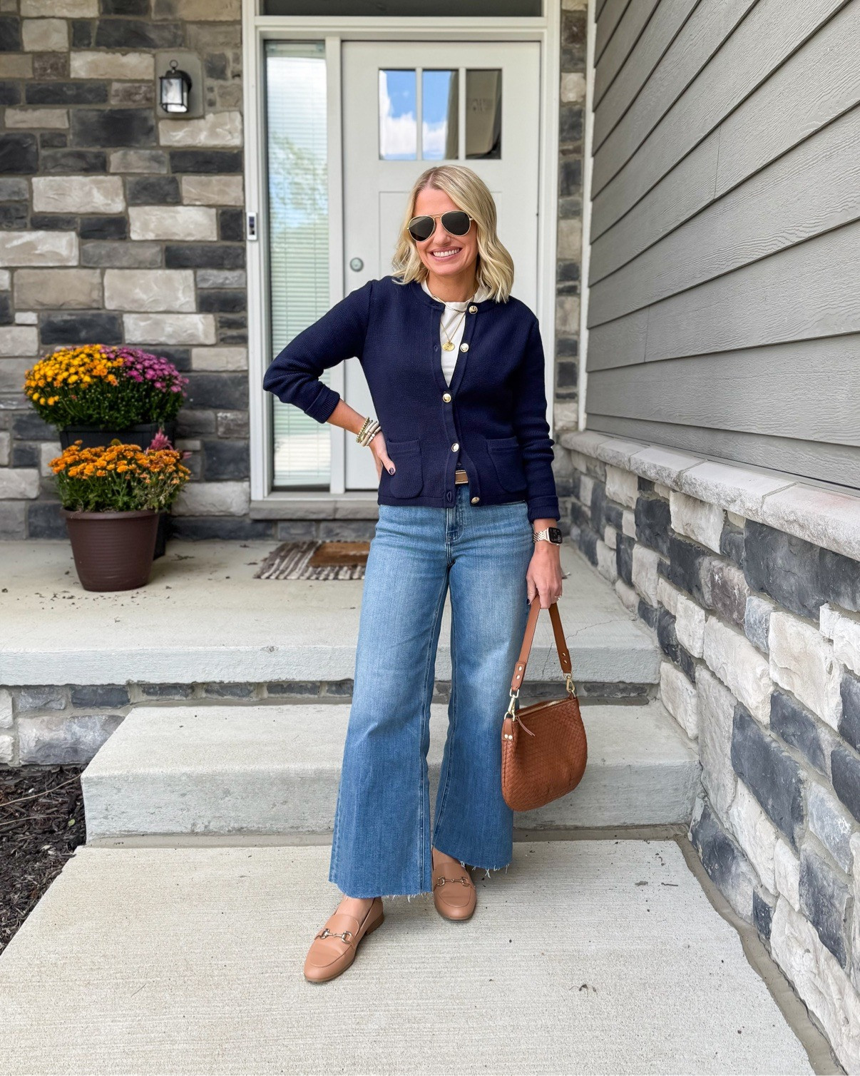 Outfit of the day 💙 Navy cardigan with the prettiest gold buttons, white top, and cropped wide leg jeans. #ootd #whatiwore #falloutfit #cardiganstyle #petitestyle