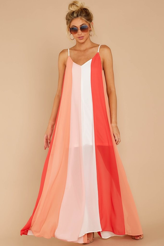 Wave Goodbye Coral Multi Stripe Maxi Dress | Red Dress 