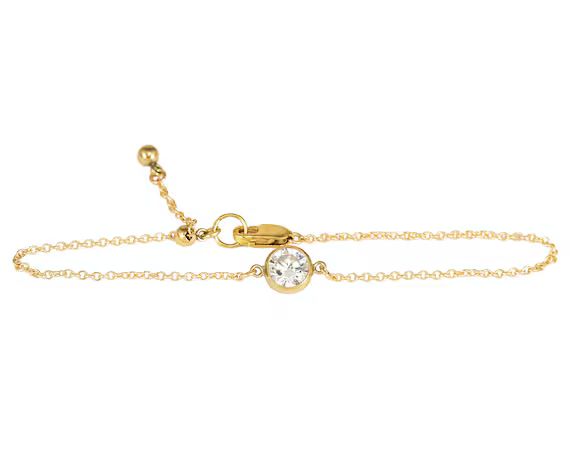 Solitaire Gold Chain Bracelet Diamond Cut CZ Charm Bracelet - Etsy | Etsy (US)