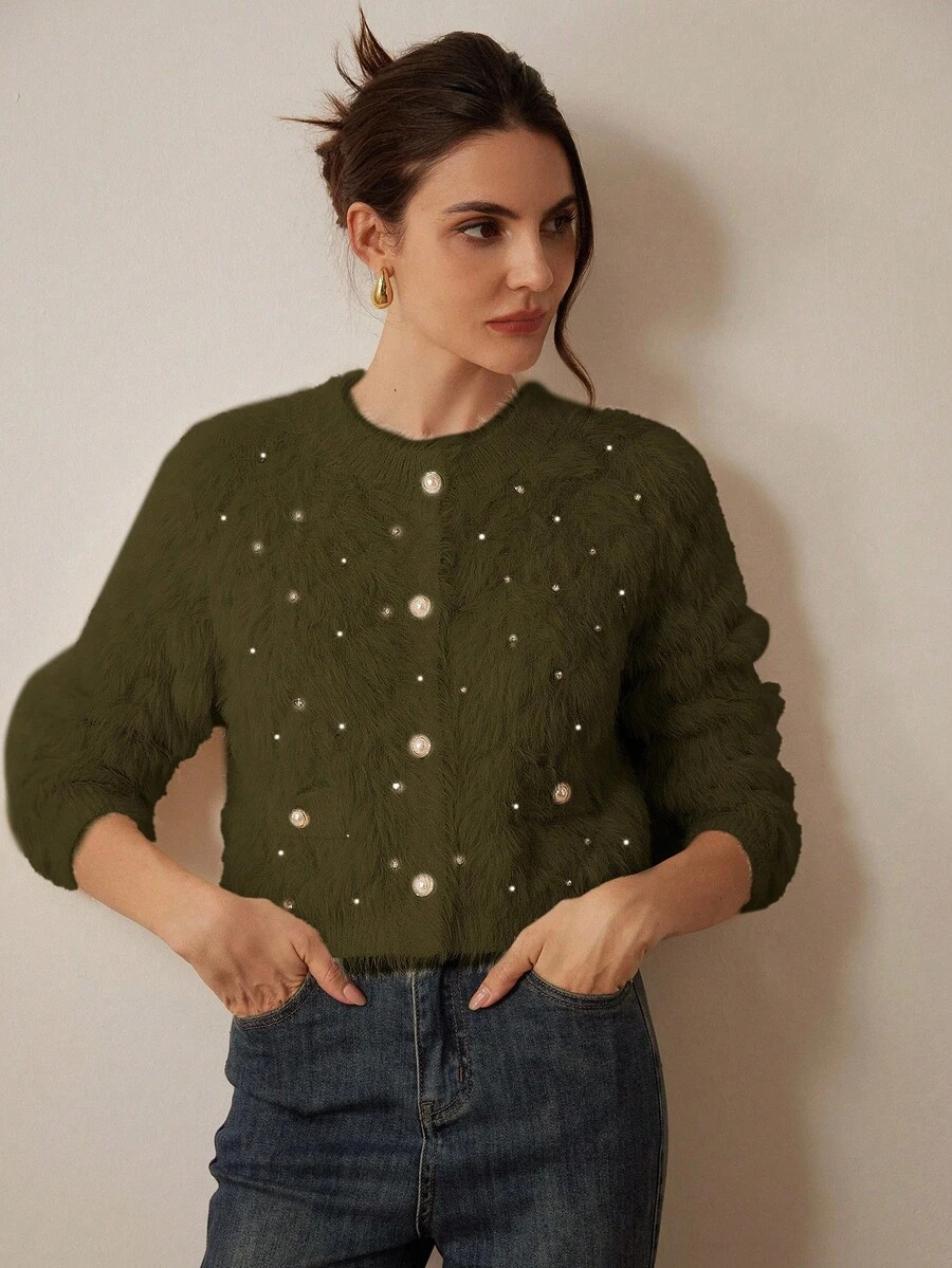 Aveloria Rosie V-Neck Studded Diamond Pattern Faux Mink Elegant Cardigan Sweater For Women  Fall... | SHEIN