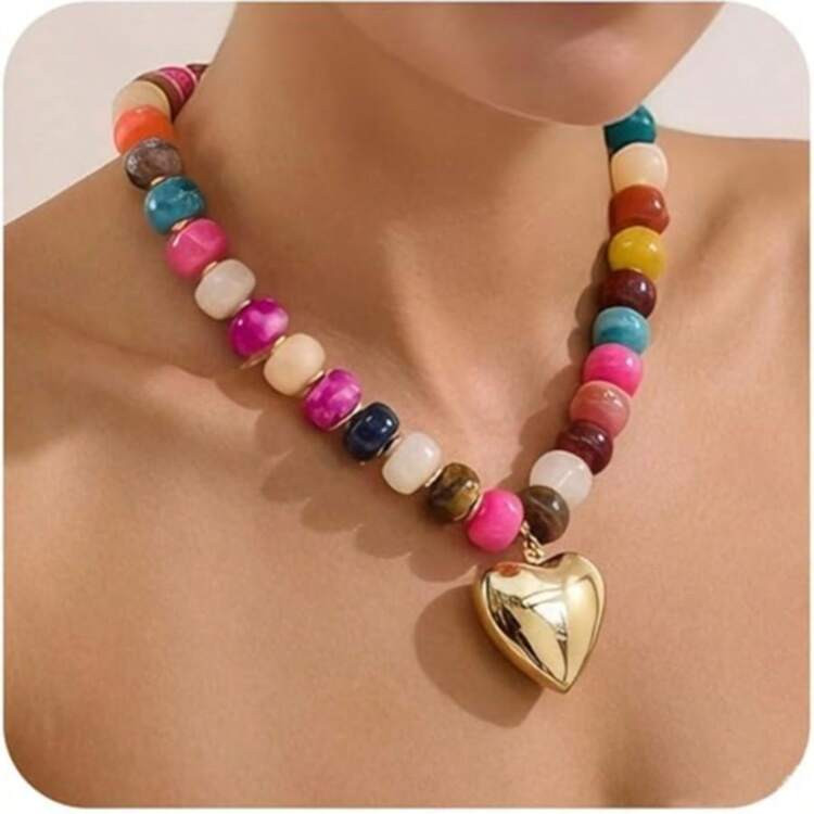 Women's Exaggerated Beaded Necklace, Gold Fluffy Heart-Shaped Choker Necklace, Colorful Resin Bead Heart Pendant Necklace, Fashion Jewelry | SHEIN