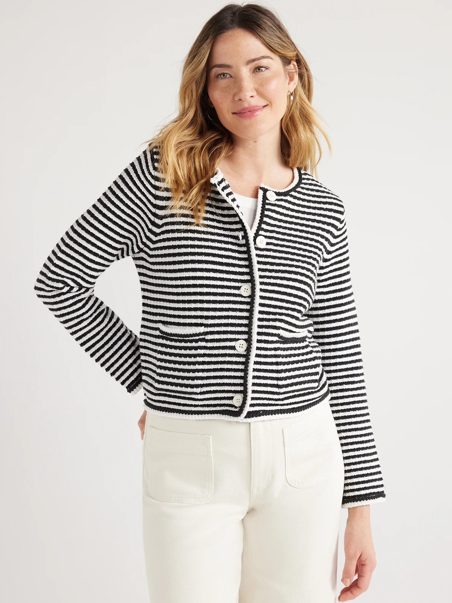 Free Assembly Women's Crochet Trim Cardigan Sweater with Long Sleeves, Midweight, Sizes XS-XXL | Walmart (US)