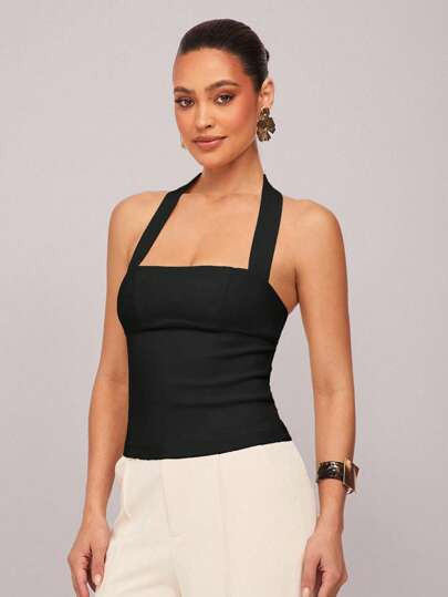 Silquee Women Sleeveless Backless Fitted Casual Tank Top, Summer Fashion, Halter Tops For Women Halter Top Backless Halter Top Backless Top | SHEIN