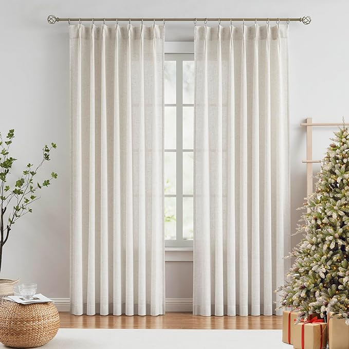 Vision Home Natural Pinch Pleated Semi Sheer Curtains Textured Linen Blended Light Filtering Wind... | Amazon (US)