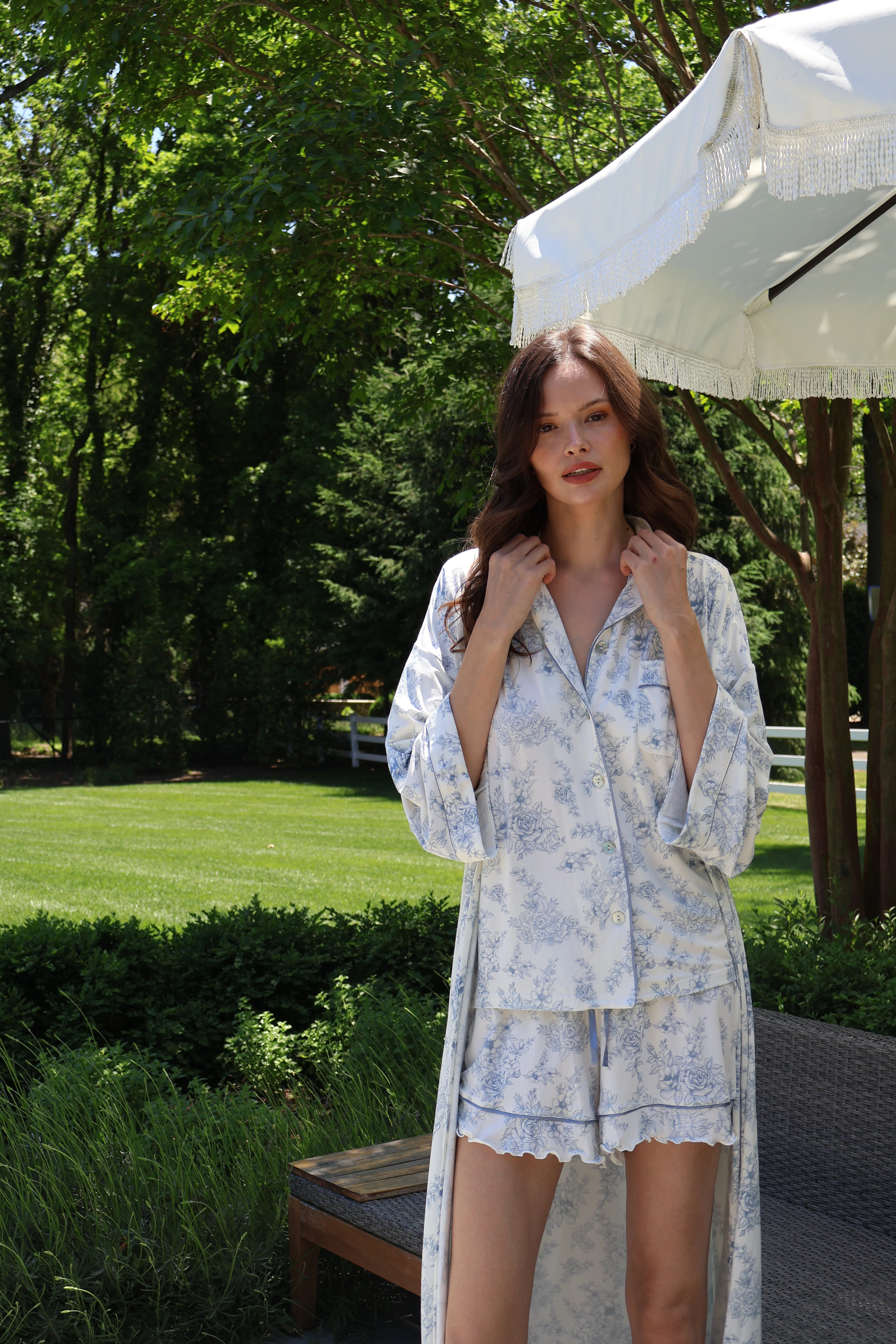 Blue Toile Bamboo Long Robe | waverles