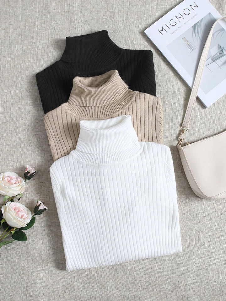 SHEIN LUNE 3pcs Turtle Neck Ribbed Knit Sweater | SHEIN