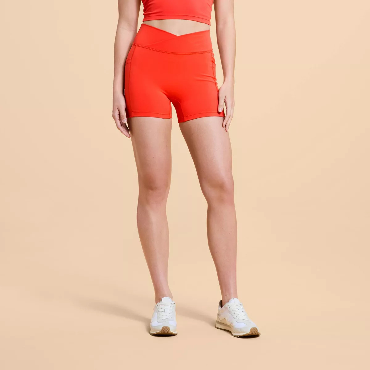 Blogilates Women's Criss Cross Scrunch Bike Shorts 4" - Coral Red S | Target