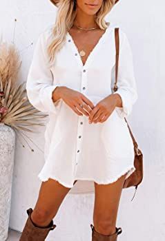 HAPCOPE Women's Button Down Shirt Dress Oversized Long Sleeve Swimsuit Cover Ups Beach Dresses | Amazon (US)