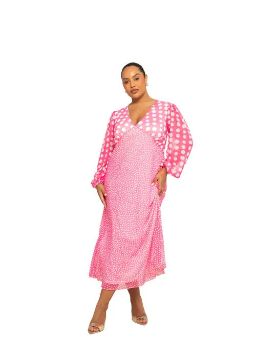 FASHION-SZN CURVE Plus Size Polka Dot Midi Dress in Pink at Nordstrom, Size 14 | Nordstrom