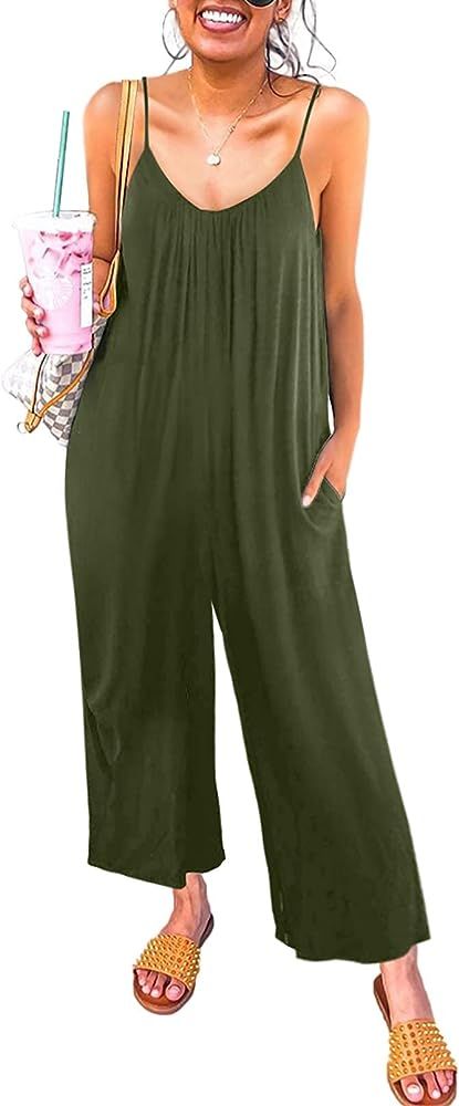 Happy Sailed Women's Casual Sleeveless Front Button Loose Jumpsuits Stretchy Long Pants Romper with  | Amazon (US)