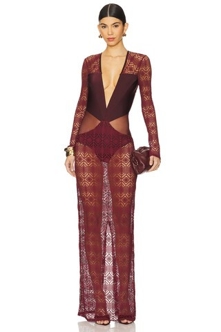 PatBO x Camila Coelho Long Sleeve Maxi Dress in Dark Red from Revolve.com | Revolve Clothing (Global)