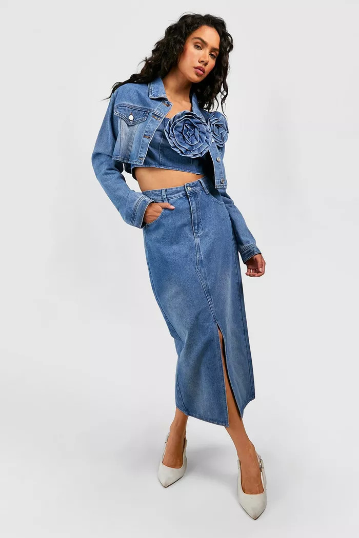 Split Front Denim Maxi Skirt | boohoo (US & Canada)