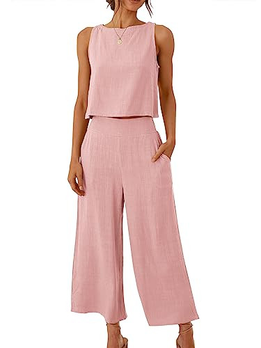 ANRABESS Women's Summer 2 Piece Outfits Sleeveless Crop Top Capri Wide Leg Pants Jumpsuit Linen L... | Amazon (US)