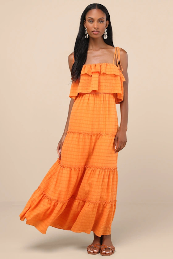 Inaya Orange Textured Tie-Strap Tiered Maxi Dress | Lulus