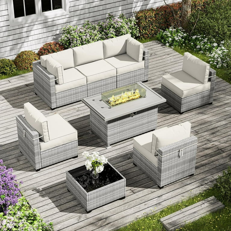 8-Piece Patio Furniture Set with Fire Pit Table, with 5" High-Resiliency Seat Cushions Light Grey... | Walmart (US)