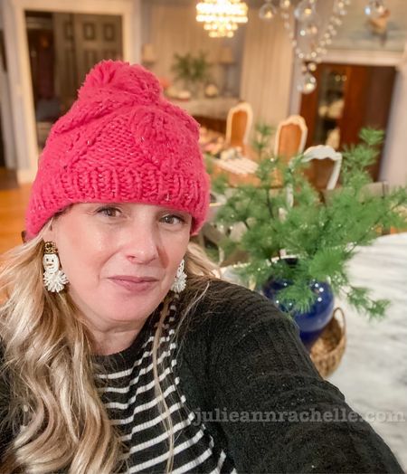 Ugh! Just lost my first draft of this post. Here we go again! This is my OOTD to go to lunch with a new friend. My striped top is on sale! You’ll also see I linked my exact makeup used for this look, as well as my hair curler. 
Thanks for your support.
Details:
1. Similar hat: Cable Knit Beanie, Cashmere Wool Knit Blend Hat, Detachable Genuine Raccoon Fur Pom Pom Fuchsia Beanie bright pink winter hat. It would also be super cute to wear Double Pom Pom Beanie black and hot pink. Etsy
2. Use code NEWFITS to save on my Beaded Snowman Statement Earrings winter jewelry winter earrings Christmas earrings torrid 
3. Striped women’s top just $6.97! EveryWear Long-Sleeve T-Shirt for Women Black Stripe old navy
4. Similar Textured Long-Line Open-Front Sweater for Women black cardigan 40% off SALE
5. L'ANGE Hair Le Curl Titanium Curling Wand | Professional Curling Iron for All Hair Types | Clip Free Hair Curler | Best Curling Wand for Tighter Curls & Beach Waves | Blush 1” (25MM)
Amazon's Choice in Hair Curling Wands by L'ANGE HAIR
7. L.A. COLORS - Color Block Eyeshadow Rose eBay 
8. Tarte cosmetics double take eyeliner black Customer Rating 4.5 star rating double take eyeliner black liquid liner & gel pencil
9. Tarte cosmetics big ego™ vegan mascara false lash effect
10. Iconic viral duo tarte cosmetics the ICONS radiant best-sellers set join waitlist 
11. Ulta Maybelline Fit Me Blush 50 Wine
12. Tarte cosmetics glowlight cheek & lip watercolor
double duty color Sun crush (pink)
13. Similar IN 20+ CARTS
Price: $2.60
Original Price:$9.99
74% off SALE for a limited time
Ponderosa Pine Branch | Farmhouse Christmas Decor
27”. I used 4 stems for a 10” tall vase. For a 14” tall vase, I use 5 stems. 
14. Similar Bow Monogram Ginger Jars in Navy Blue
15. Similar Woven Round Water Hyacinth Storage Baskets Handmade Tabletop Storage Holder Tray Rustic Ottoman Tray Amazon 
16. On my buffet, I have a similar   
Blue and White Vase, Blue Vases Home Décor, Chinoiserie Vase, Blue and White Porcelain, Ceramic Vase for Home, Living Room, Bookshelf, Mantle Fireplace,Table Centerpieces,10"

#LTKsalealert #LTKstyletip #LTKfindsunder50