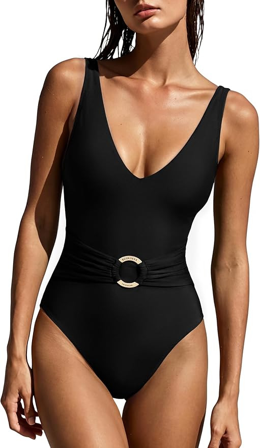 SUUKSESS Women Retro One Piece Swimsuit Metal Tummy Control V Neck Bathing Suit | Amazon (US)