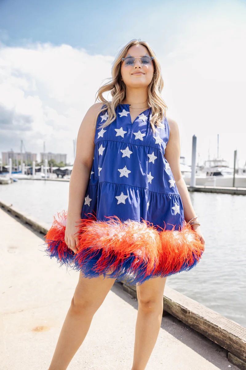 Blue Star Feather Bottom Tank Dress | Queen of Sparkles