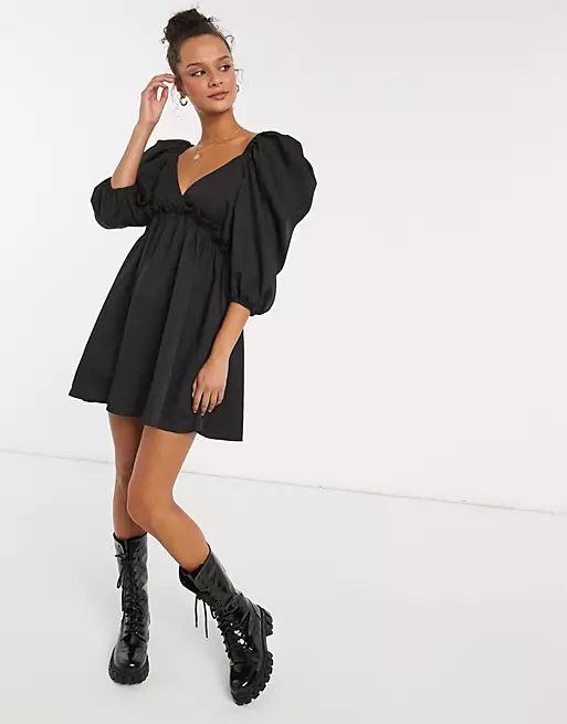In The Style x Lorna Luxe mini smock dress with exaggerated sleeves in black | ASOS (Global)