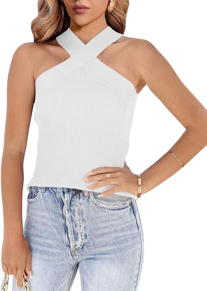 Womens Criss Cross Halter Sweater Vest Tops Summer Sleeveless Pullover Casual Lightweight V Neck ... | Amazon (US)