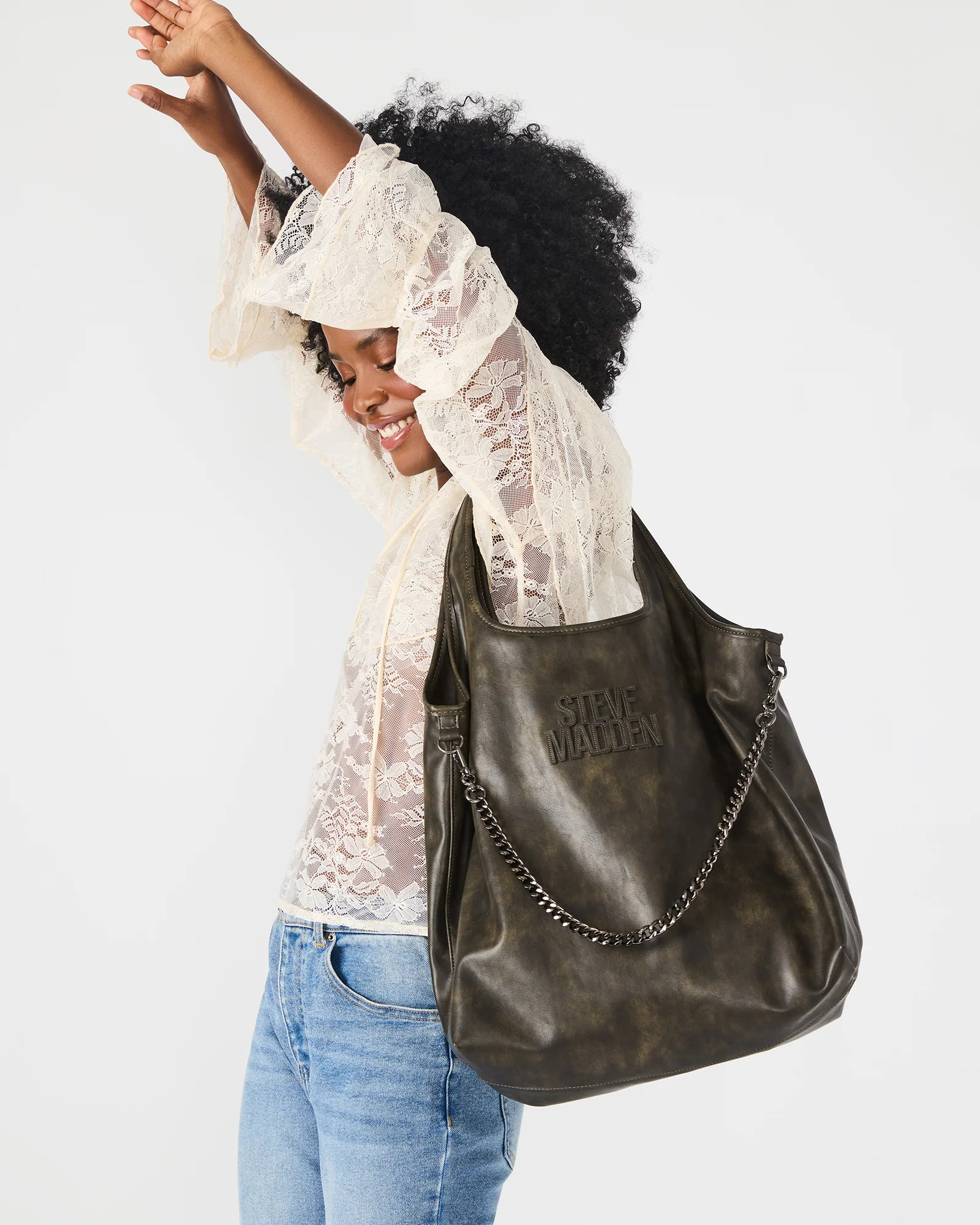 GRUNGY Bag Olive Shoulder Strap Monochrome Logo Distressed Tote Handbag | Steve Madden (US)