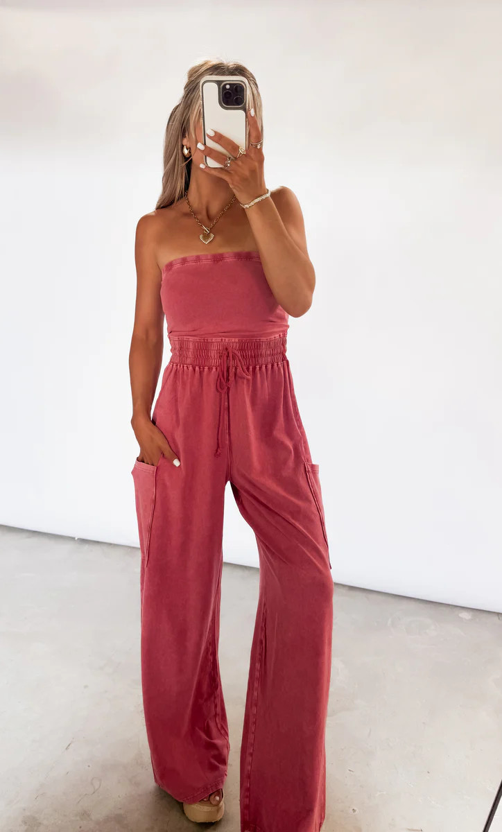 Cool Down Mineral Wash Strapless Jumpsuit - Dark Red | CK Squared Boutique