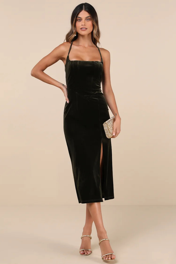 Gorgeous Composure Olive Velvet Lace-Up Sleeveless Midi Dress | Lulus