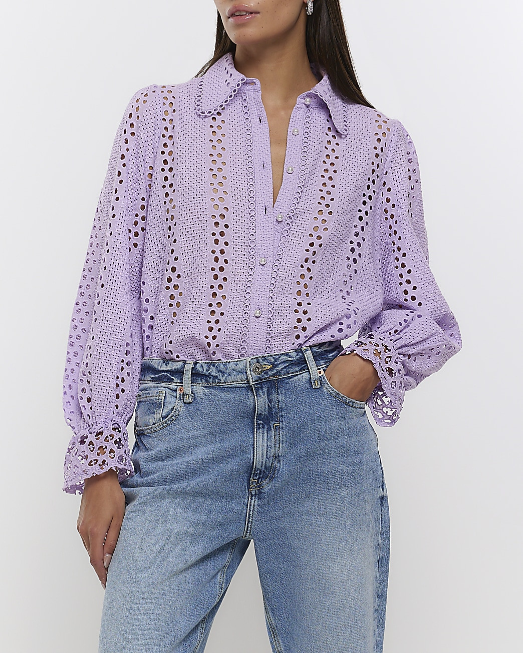Purple broderie long sleeve shirt | River Island (UK & IE)