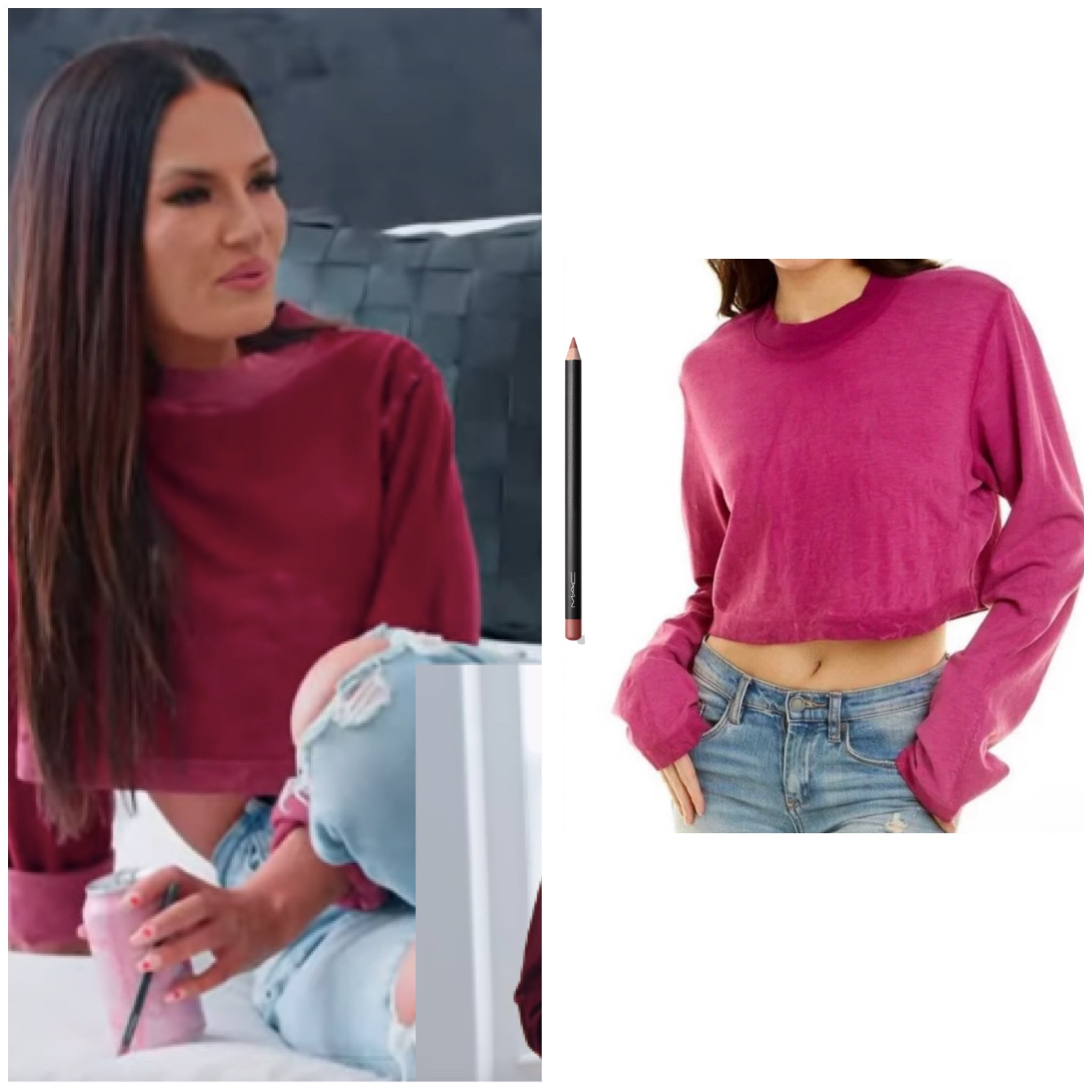 Get details on Lisa Barlow’s Burgundy Cropped Shirt and Lip Lipliner Notes: shade “Whirl” … Lisa has cited it as her fave and the color looks to match! Shirt: we believe hers is magenta which is sold out so linked the closest available color 