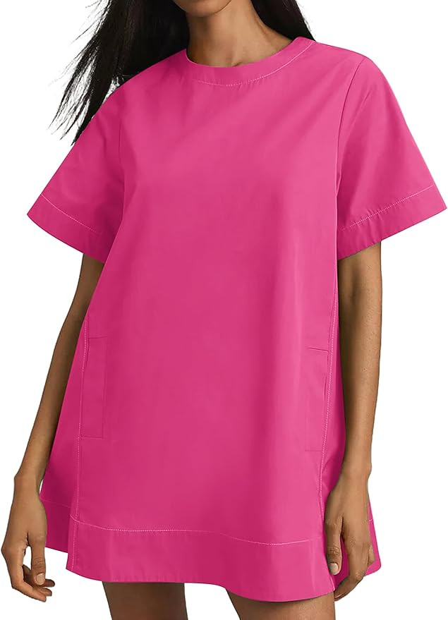 Women's Summer Short Sleeve Mini Dress Loose Fit Button Back Mini Dresses Slit Tunic Shirt Short ... | Amazon (US)