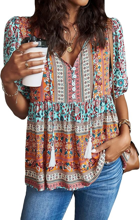 OYOANGLE Women's Boho Floral Print Tassel Tie Neck Puff Short Sleeve Peplum Blouse Top | Amazon (US)