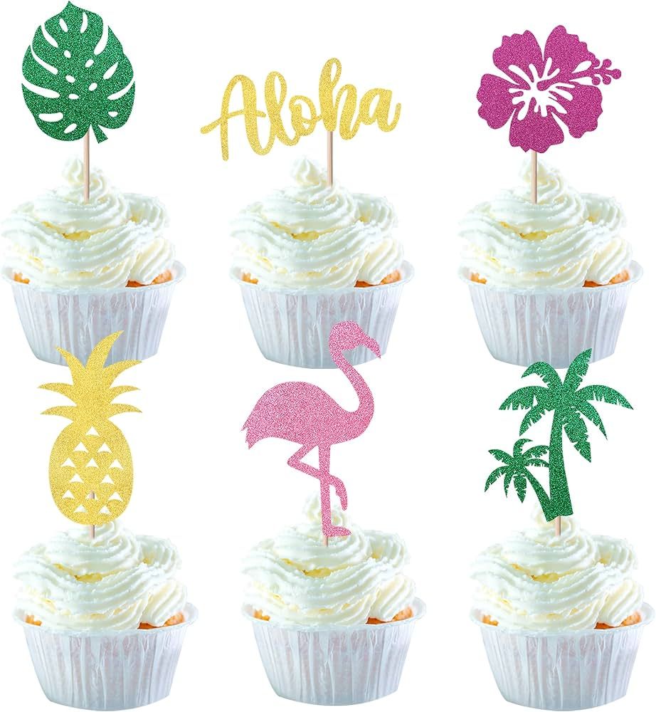 24 Pack Tropical Cupcake Toppers Aloha Luau Cupcake Picks Glitter Flamingo Flower Plam Leaves Pin... | Amazon (US)