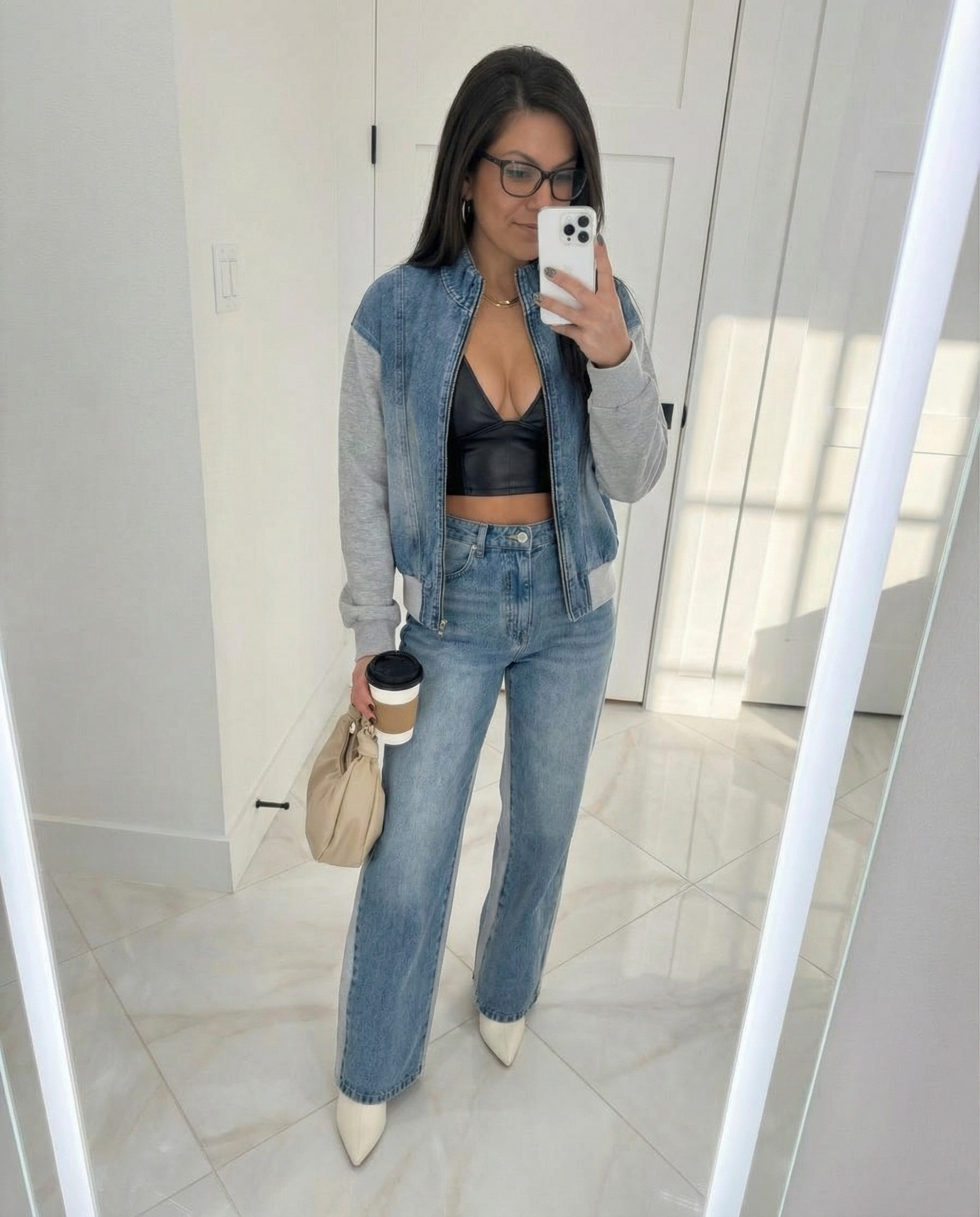 This effortless double denim outfit is the definition of modern casual style. Featuring a denim jacket layered over a black bralette with high-waisted wide-leg jeans, this look balances structure and femininity perfectly. Finished with neutral pointed-toe heels and a soft beige handbag, it’s an easy go-to for coffee runs, casual meetings, or off-duty days that still call for polished style. #DoubleDenim #DenimOnDenim #CasualChic #EverydayStyle #WomensOutfits 

 #LTKgrwm #LTKmomlife #LTKPetite