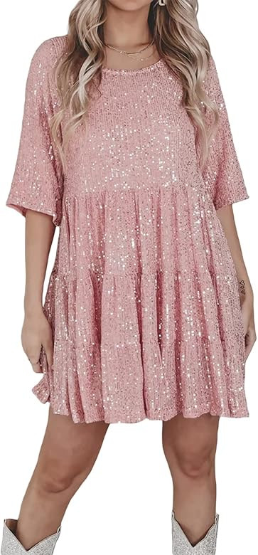 hjfioop Women Sequin Baby Doll Mini Dress Sparkly Short Sleeves Solid Glitter Tiered Mini Dress P... | Amazon (US)