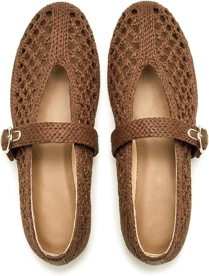 Woven Ballet Flats Women Mesh Raffia Flats Round Toe Mary Janes Comfortable Ballerina Flat Shoes | Amazon (US)