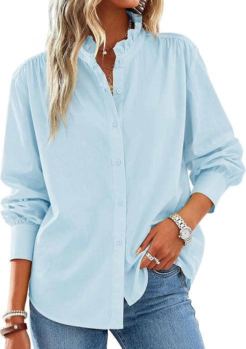Cicy Bell Womens Oversized Button Down Shirts Long Sleeve Ruffle Collar Top | Amazon (US)