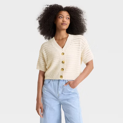 Women's Short Sleeve Button-Front Cardigan - Universal Thread™ Cream S | Target
