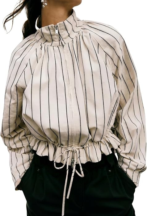 Women's Lightweight Striped Stand Collar Zip Up Cropped Jacket | Amazon (US)
