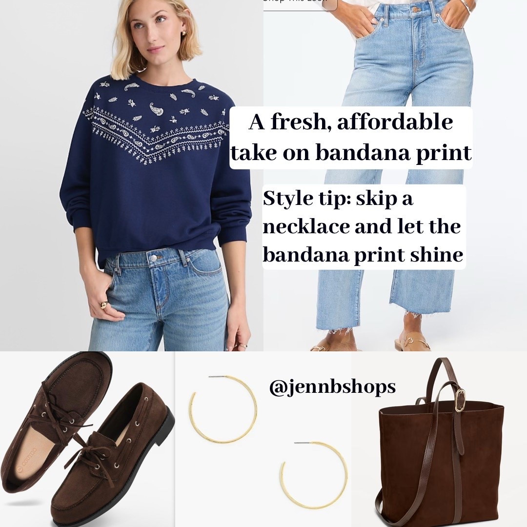 #Bandana print is still big this season and this #sweatshirt from the #loft is such a fun and easy way to wear it! #outfitboard #outfitinspiration