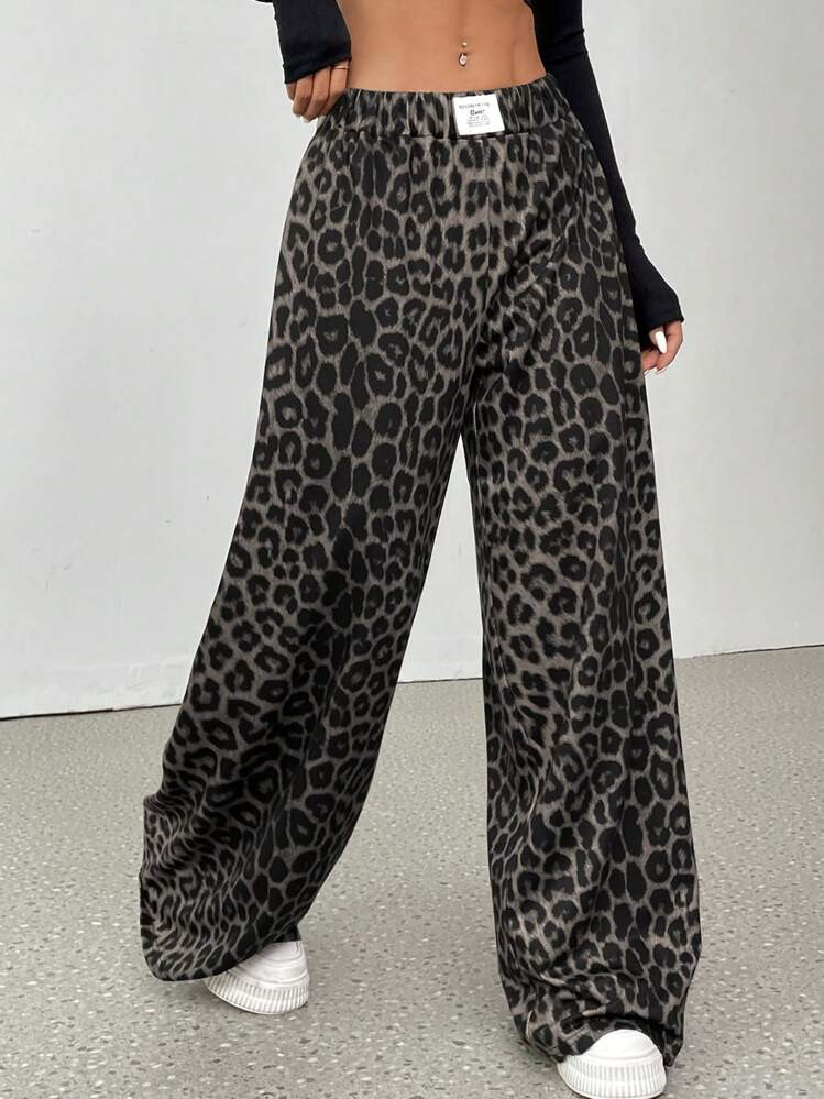 SHEIN EZwear Women's Letter Elastic Waist Leopard Print Wide Leg Loose Sweatpants Graduation,Back... | SHEIN