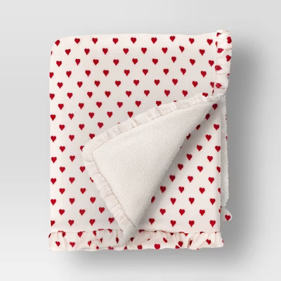 Mini Hearts Printed Plush Throw with Faux Shearling Reverse and Ruffled Trim Ivory/Red - Threshold™ | Target