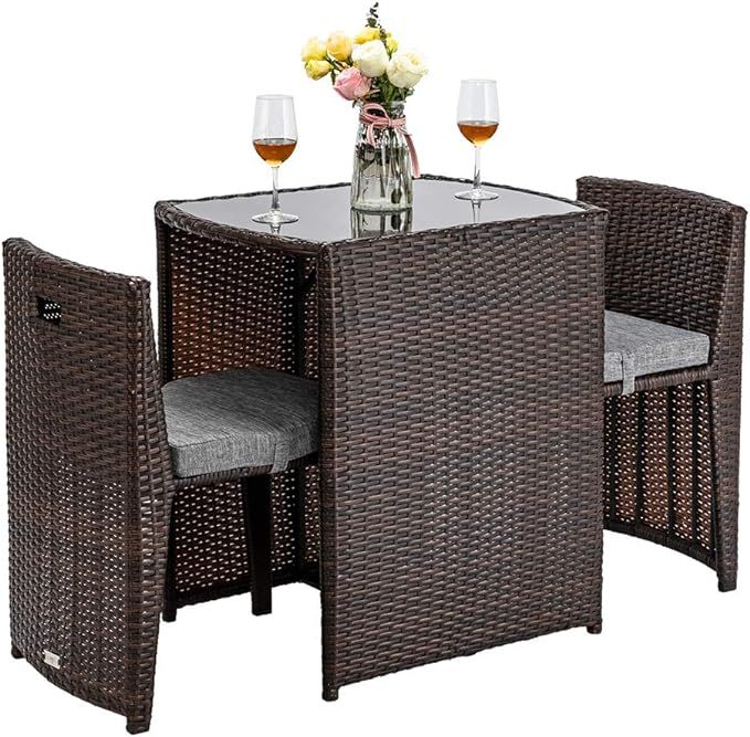 Bonnlo 3 PCS Wicker Outdoor Patio Bistro Set, Patio Furniture Set for Small Space with Glass Top ... | Amazon (US)