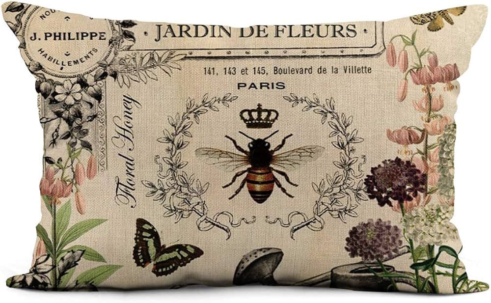 Throw Pillow Cover 12x20 Inch Queen Modern Vintage French Bee Wateringcan Antique Honey Crown Hom... | Amazon (US)