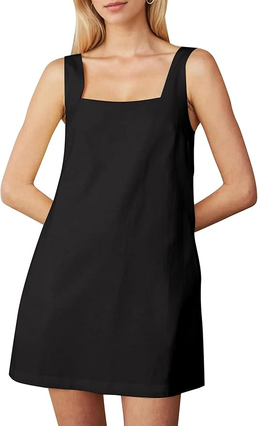 Summer Sleeveless Cotton Linen Mini Dress for Women Casual Square Neck Backless Short Dress Solid... | Amazon (US)