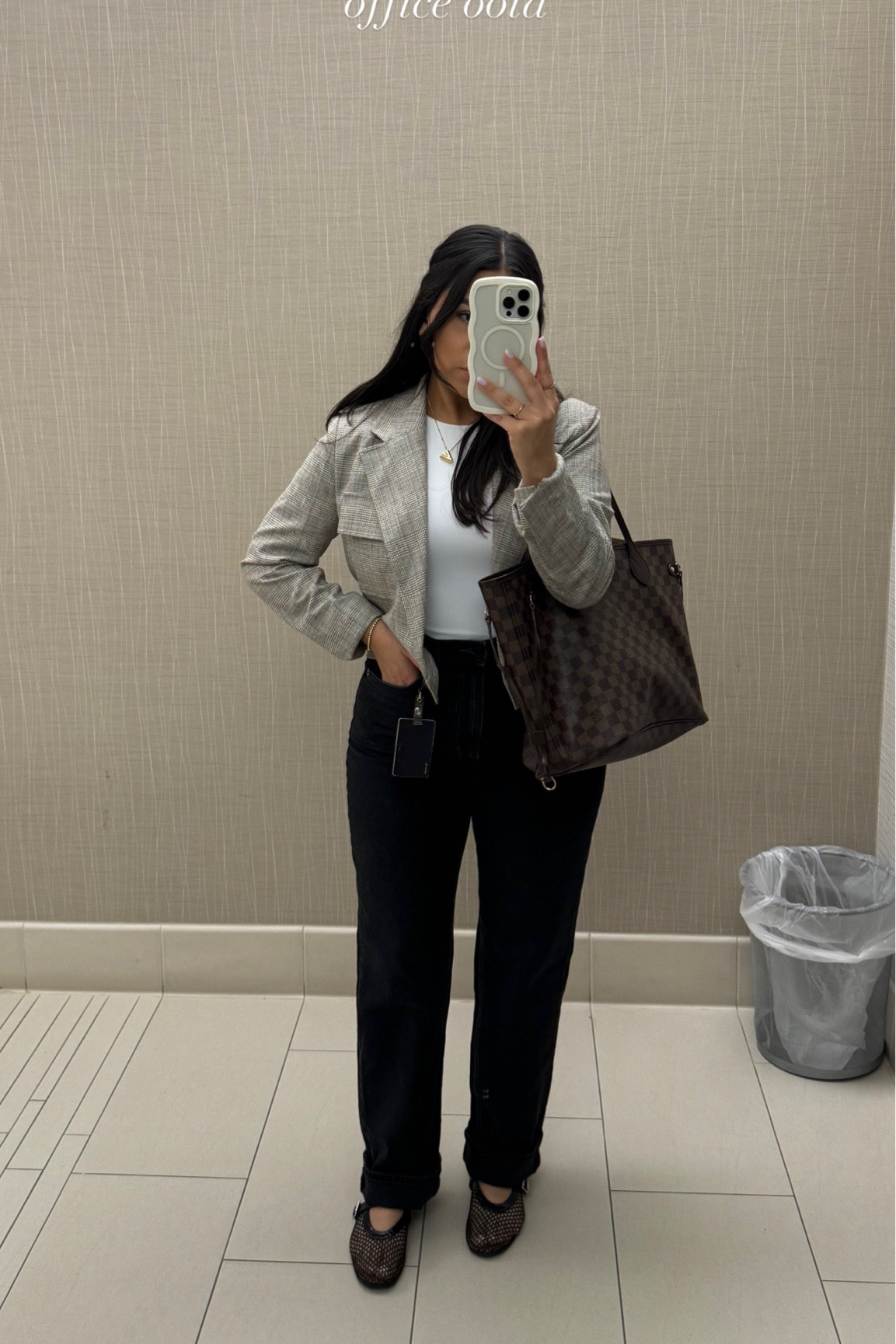 Office ootd 
White high neck bodysuit: small 
Cropped plaid blazer: small
Black denim jeans: 4
Lv neverfull tote bag 
Mesh ballet flats: 6.5 

#LTKStyleTip #LTKFindsUnder100 #LTKSaleAlert