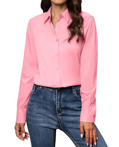 Gleeivy Pink Button Down Shirts for Women Long Sleeve Button Up Shirts Classic Fit Solid Cotton Women Dress Shirts Work Office Pink S | Amazon (US)