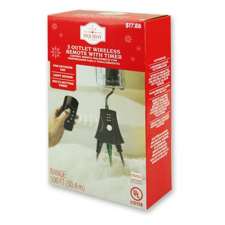 3-Outlet Wireless Remote with Timer, 15 Amps, Indoor/Outdoor, Black, by Holiday Time | Walmart (US)
