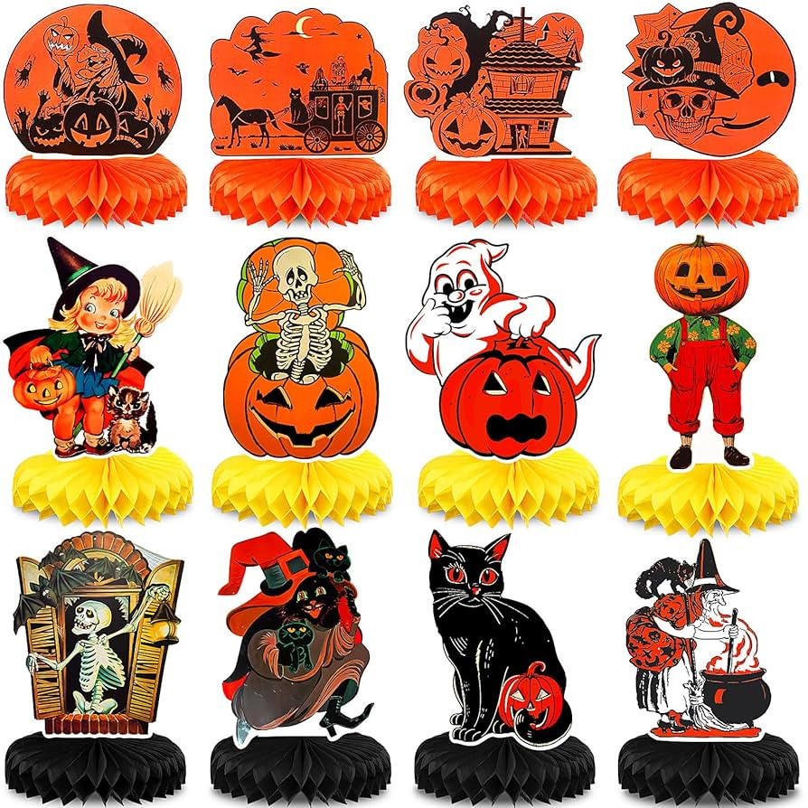 Yexiya 12 Pcs Vintage Halloween Honeycomb Centerpieces Table Decorations Spooky Pumpkin Ghost Wit... | Amazon (US)