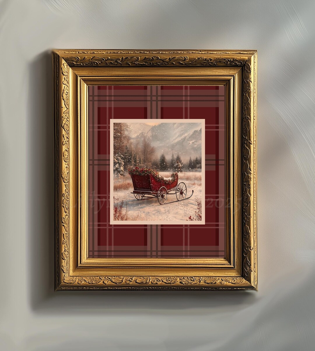 Vintage Sleigh Wall Art, Plaid Background Christmas Art Print, Antique Winter Sleigh Painting, Fa... | Etsy (US)